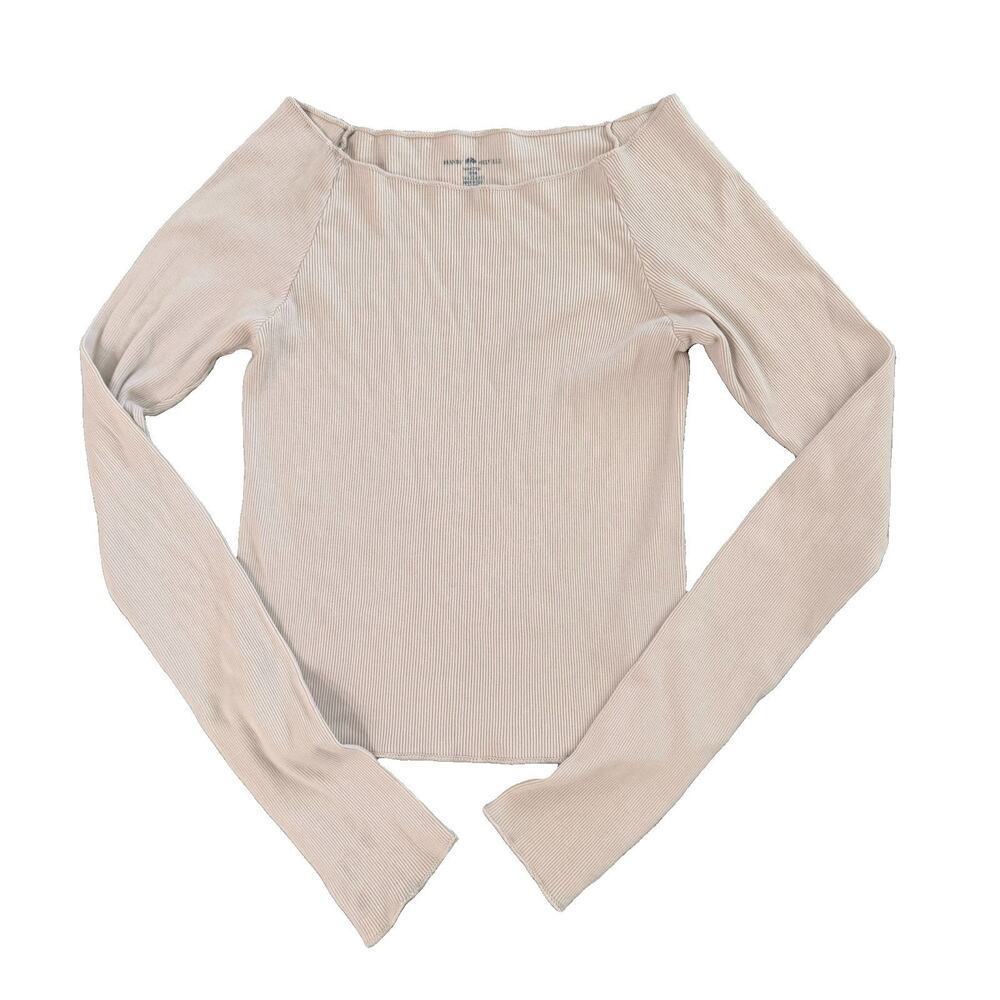 Brandy Melville Rounded Neck Ribbed Knit Beige Shirt One Size